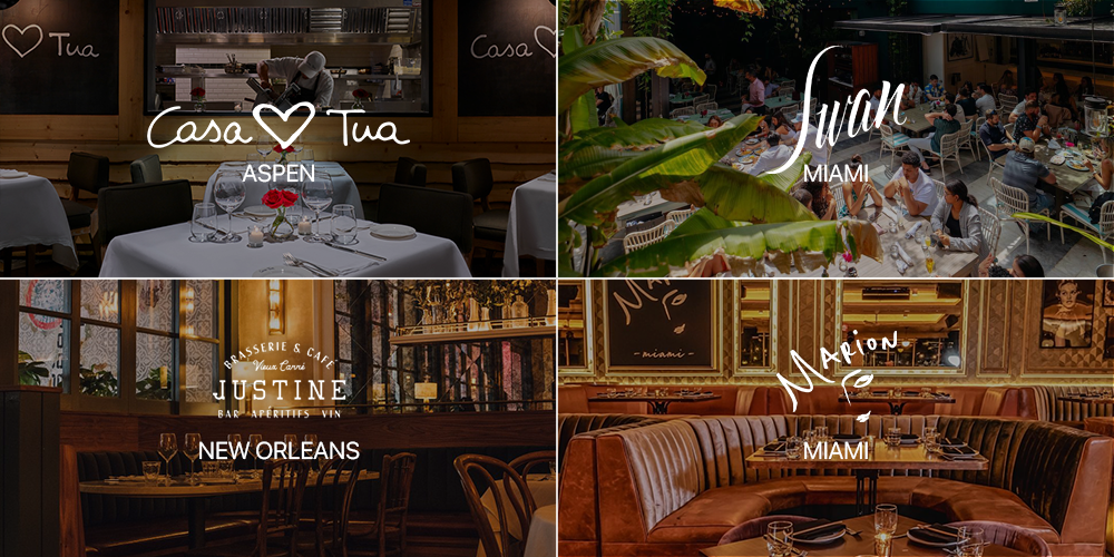 Collage of four restaurant interiors with roses in various cities.